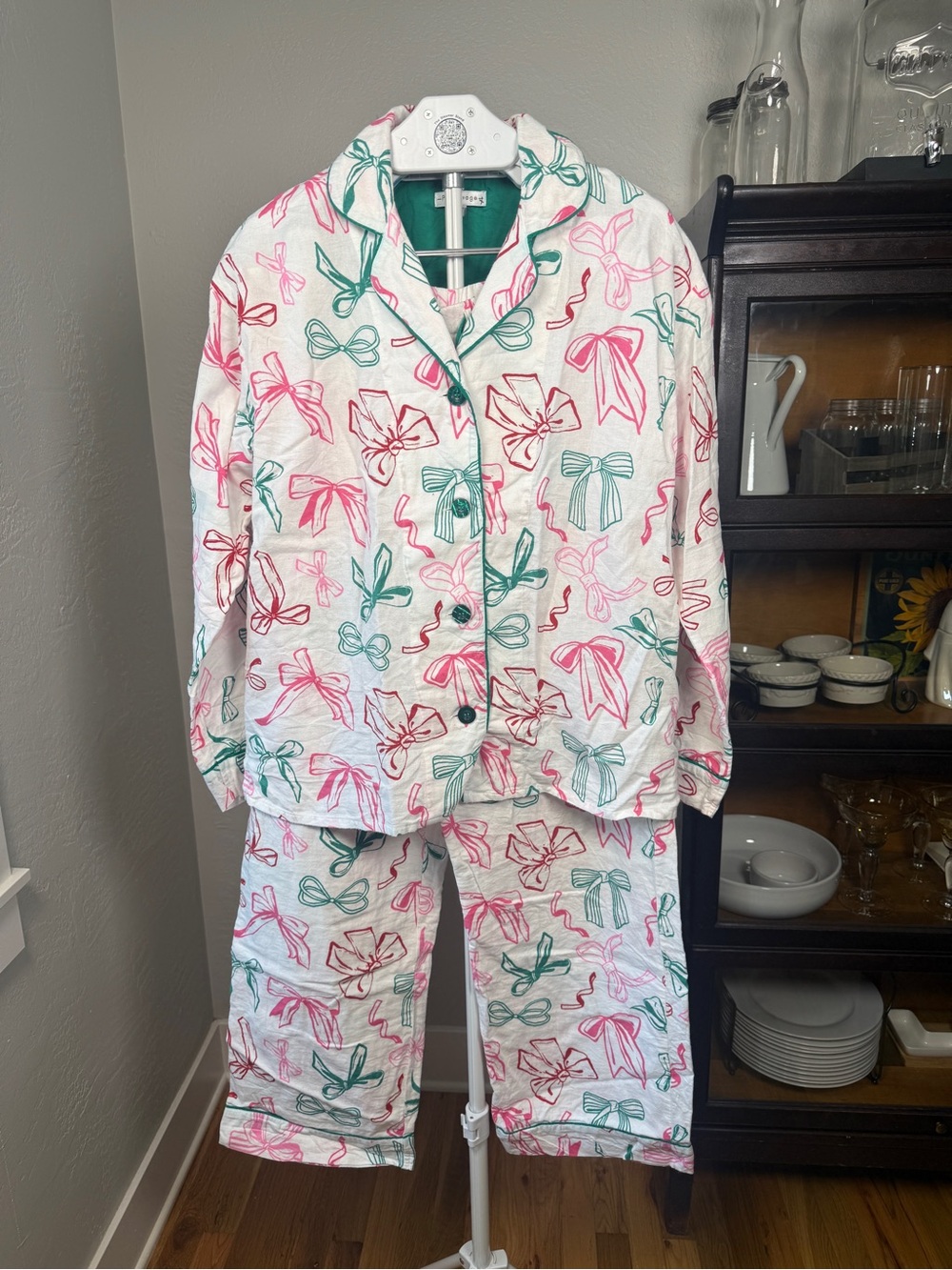 PJ Salvage 100% Cotton Bow Print Pajama Set White Pink Green Size L